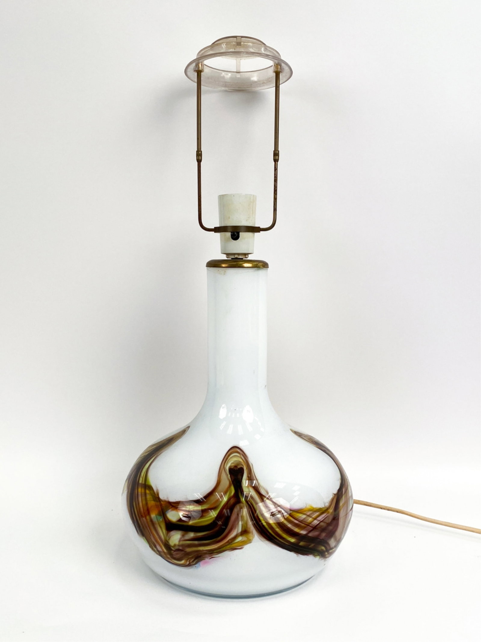 HOLMEGAARD MID-CENTURY ART GLASS TABLE LAMP: Unmarked. Dimensions: (Overall) H 21" x Dia. 10" Condition: Fixture removes easily from base. Untested; cord cut, needs to be rewired. Tape residue to rim of vase where fixture secures. Couple light m