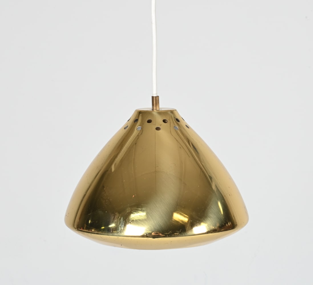 DANISH MODERN GOLDTONE PENDANT LIGHT BY LYFA: Labeled Lyfa inside shade, c. 1970's. Dimensions: H 7.5" x Dia. 9" Condition: Wiring not tested. A few light scratches and scuffs. G167