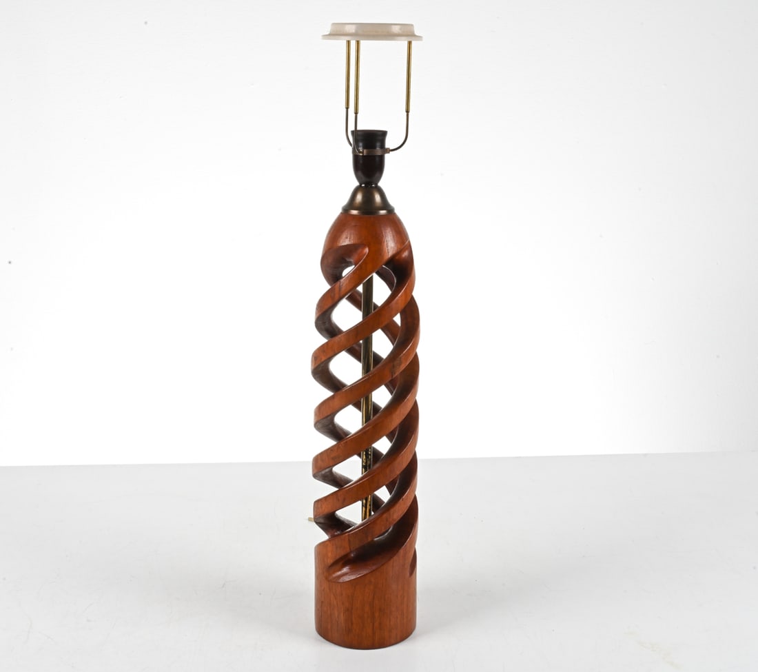 DANISH TEAK AIR TWIST TABLE LAMP, 1960'S: Dimensions: H (to socket) 24" x Dia. 5" Condition: Cord cut; lamp will require rewiring; socket previously broken off and reattached. A couple possible repairs to wood, a few old chips along bottom ed