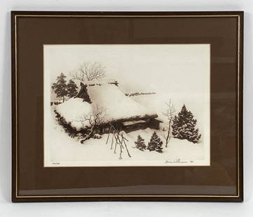 BRIAN WILLIAMS ETCHING: Etching of Japanese house in the snow. Pencil signed. Dated '85. Numbered 279/300. Dimensions: (Frame) H 17.25" x W 21", (Sight) H 11" x W 16" Condition: Clean paper. Marks to frame.