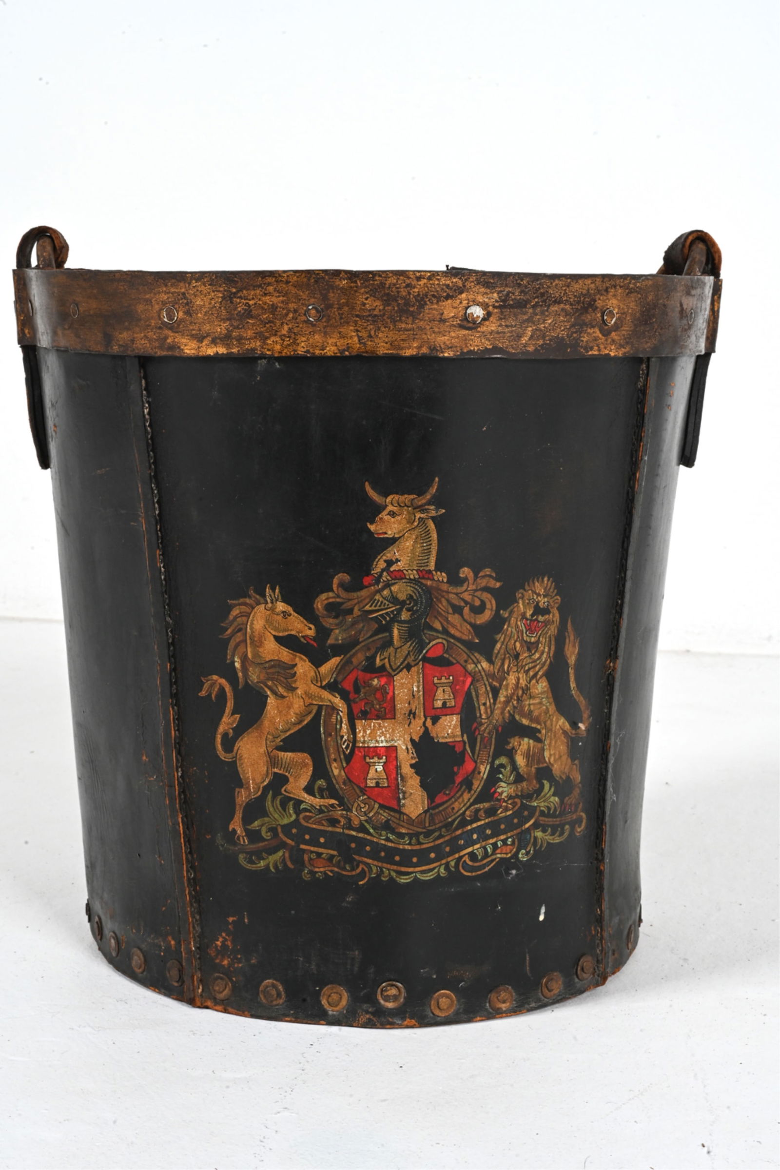 ANTIQUE LEATHER FIRE BUCKET; PAINTED COAT-OF-ARMS (1 of 17)