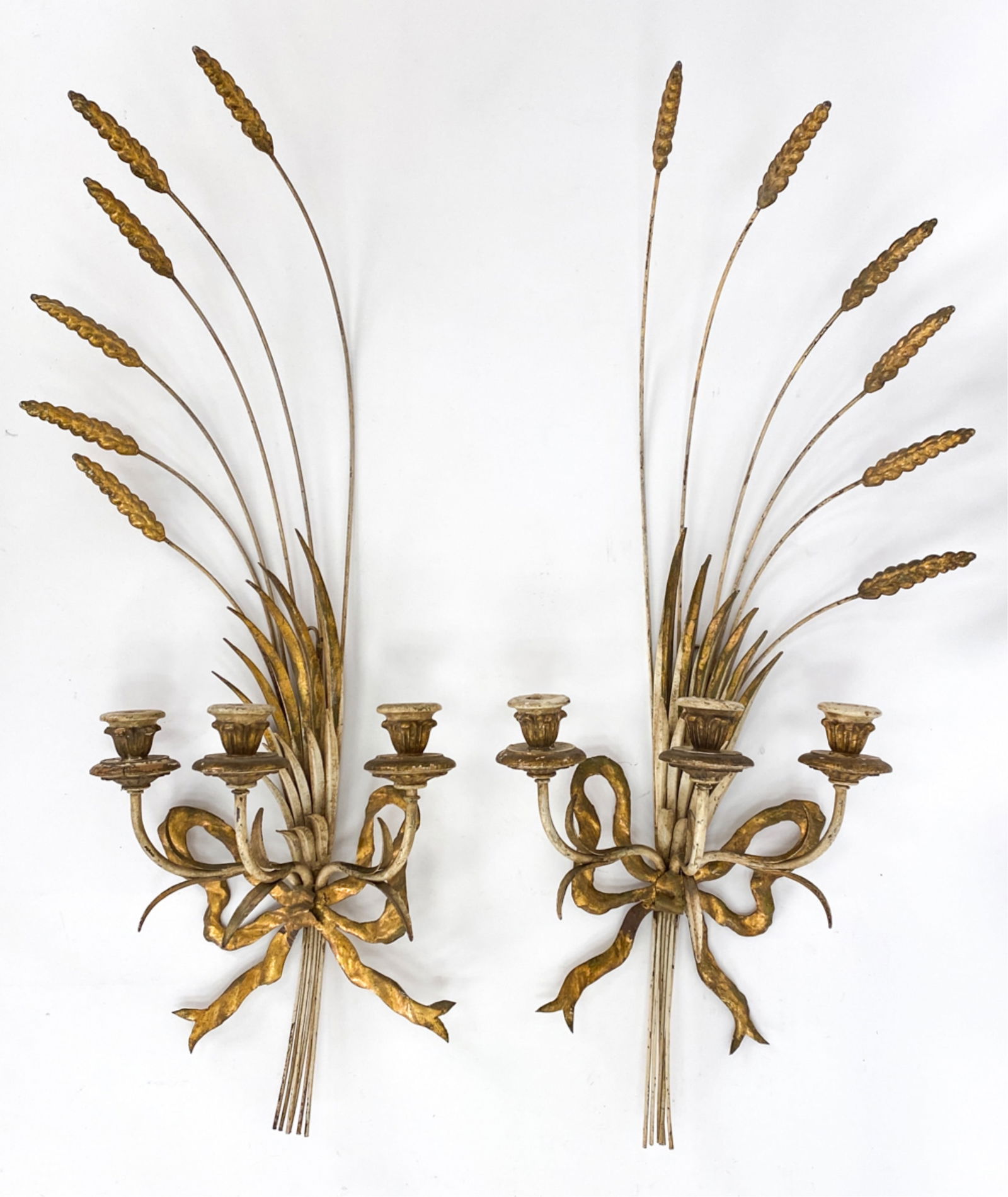 PAIR GILT TOLE METAL SHEAF OF WHEAT SCONCES (1 of 7)