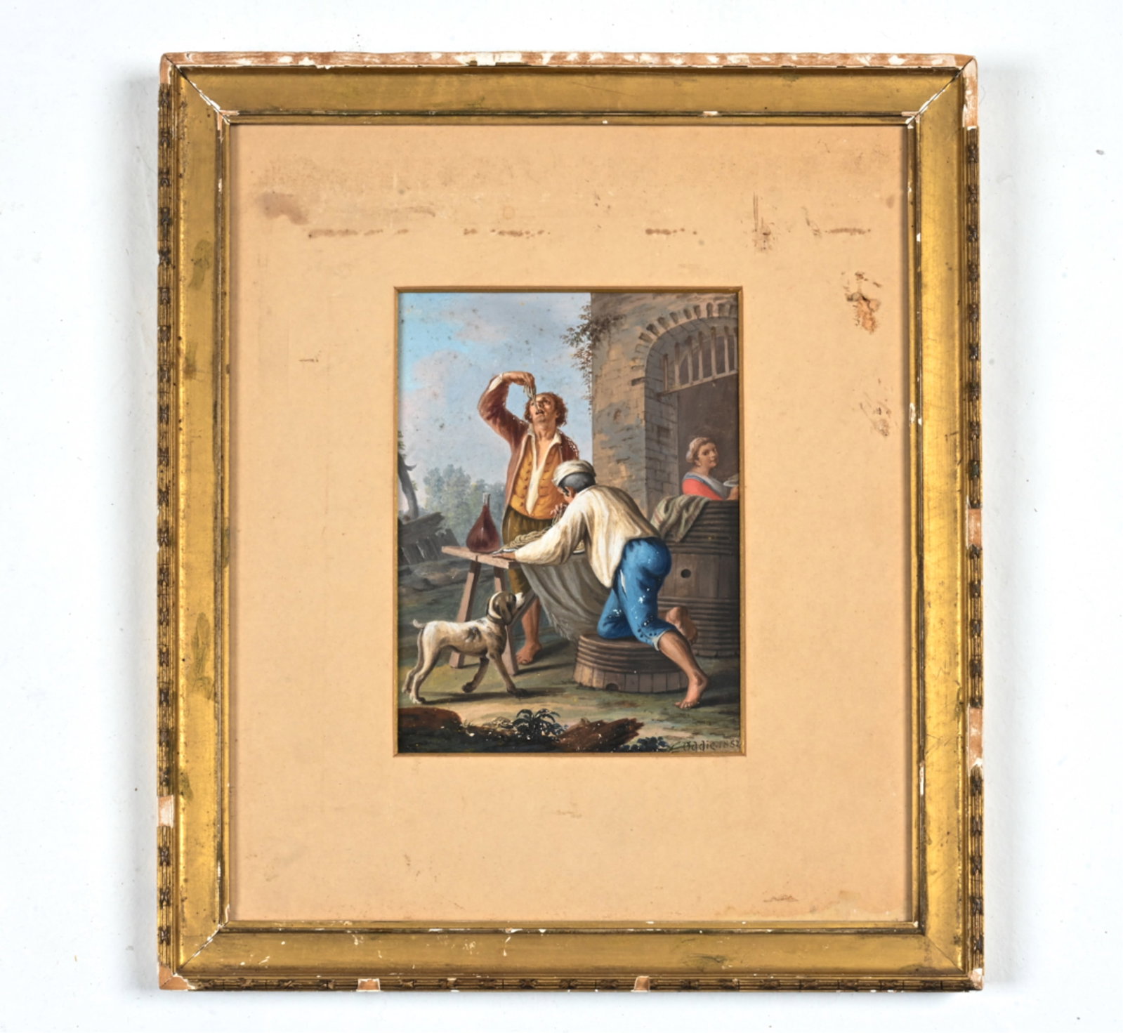 GOUACHE OF PASTA EATERS SIGNED ODDIE, 1852: Italian scene of workmen eating with a woman serving. Gouache on paper laid down on board. Signed and dated lower right. Dimensions: (Frame) H 16.5" x W 14.5" ; (Sight) H 8" x W 6" Condition: Not exam
