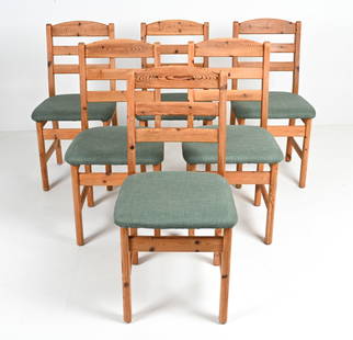 (6) SCANDINAVIAN POSTMODERN PINE DINING CHAIRS: With ladder backs. Apparently unsigned, c. 1980's. Dimensions: H 36" x W 18.5" x D 23" x SH 19.5" Condition: Scuffs and scratches to wood. Some sun fading. Very minor soiling to fabric. E114