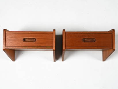 PAIR OF SCANDINAVIAN TEAK FLOATING SHELVES, 1960'S: Dimensions: H 8" x W 12.25" x D 9.25" Condition: Soiling and water spots to tops. A few nicks to veneer, scratches and scuffs. Wear consistent with age.