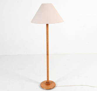 SCANDINAVIAN MID-CENTURY PINE FLOOR LAMP: Dimensions: (Including shade) H 55" x Dia. 20" Condition: European plug; wiring not tested, will require adapter or rewiring for use in the U.S. Light cosmetic wear consistent with age and use.