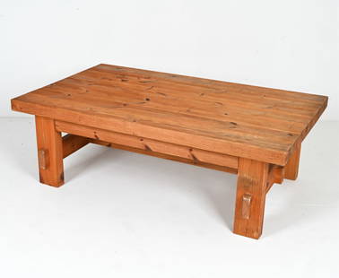 SCANDINAVIAN MODERN PINE COCKTAIL TABLE: Dimensions: H 20" x W 59" x D 36" Condition: Wear consistent with age and use.