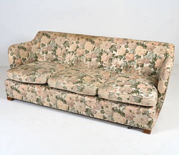 SCANDINAVIAN MID-CENTURY SOFA IN FLORAL LINEN: Three-seat sofa, with beech wood legs. Dimensions: H 29" x W 74.5" x D 37" S.H. 15" Condition: Showing signs of wear including sun fading and soiling to upholstery. Scratches to legs.