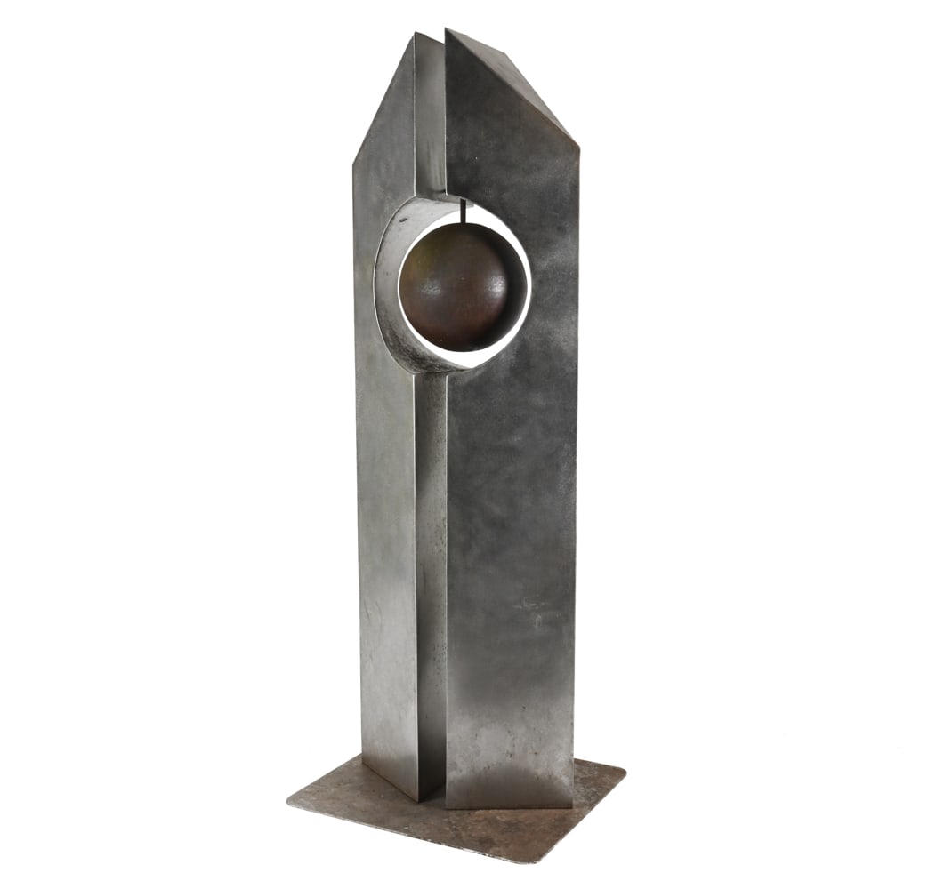 DALE ROGERS ABSTRACT STEEL OUTDOOR SCULPTURE: Ball Tower. Signed near base. Photos of this sculpture in situ can be found on the artist's web site. Provenance: Purchased directly from the artist for $4,140.00 in 2005. With original invoice/price 