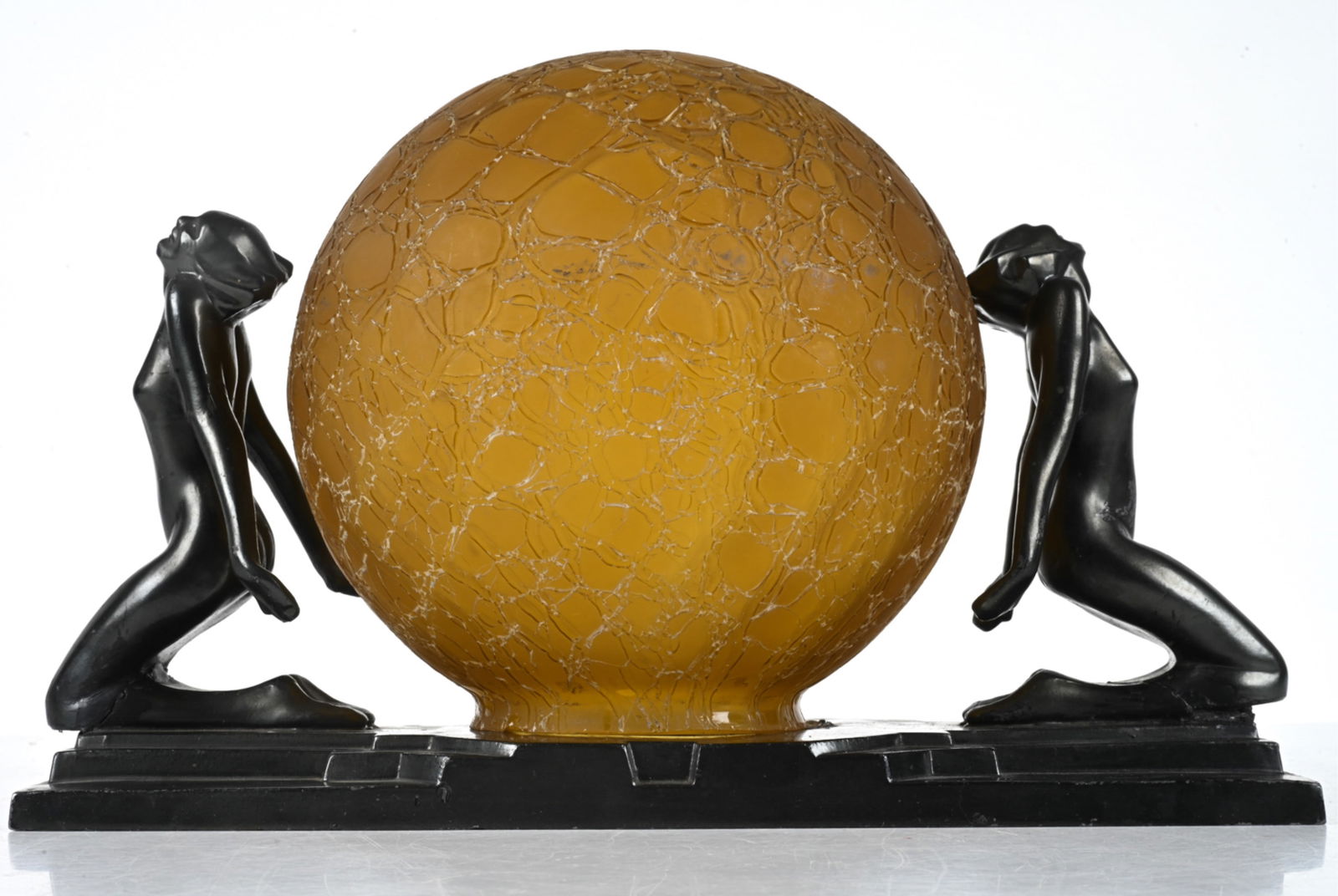 ATTR. FRANKART ART DECO FIGURAL NUDE LAMP: Dimensions: H 9.5" x W 14.5" x D 8" Condition: Not currently wired. Apparent repairs to both figures at the legs. could use professional restoration. A few losses to metal finish; a couple chips to bo