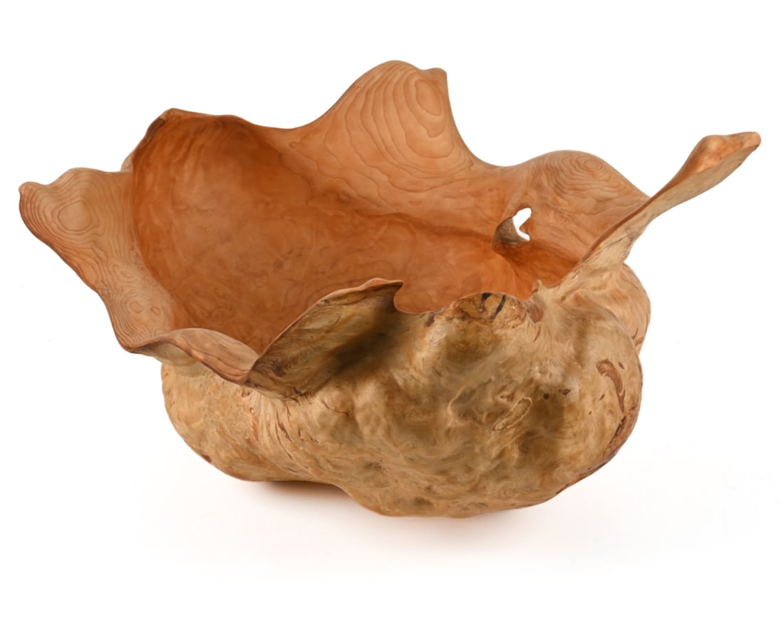 A. C. MORRISON SPRUCE BURL OVERSIZED BOWL: Impressive size. Beautiful sculptural organic form. Inscribed, dated and signed "Spruce / 9/86 / A. C. Morrison" underneath. Provenance: From the collection of Nat Ancell. Dimensions: H 12" x D 24" x 