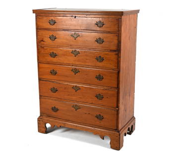 18TH C. CHIPPENDALE TALL CHEST OF DRAWERS: Unusual chest with hinged top revealing a large storage compartment behind three false drawer fronts, with three dovetailed drawers beneath. Dimensions: H 52" x W 38" x D 19" Condition: Missing key; l