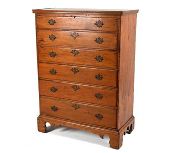 18TH C. CHIPPENDALE TALL CHEST OF DRAWERS: Unusual chest with hinged top revealing a large storage compartment behind three false drawer fronts, with three dovetailed drawers beneath. Dimensions: H 52" x W 38" x D 19" Condition: Missing key;