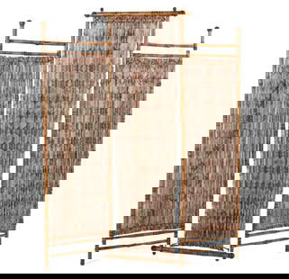 AESTHETIC MOVEMENT BAMBOO & FABRIC ROOM SCREEN: A highly decorative Victorian three-panel dressing screen in the Chinoiserie taste. Flame-treated bamboo and printed cotton fabric. Late 19th Century. Dimensions: (Folded) H 60.5 "x W 23" x D 3" Condi