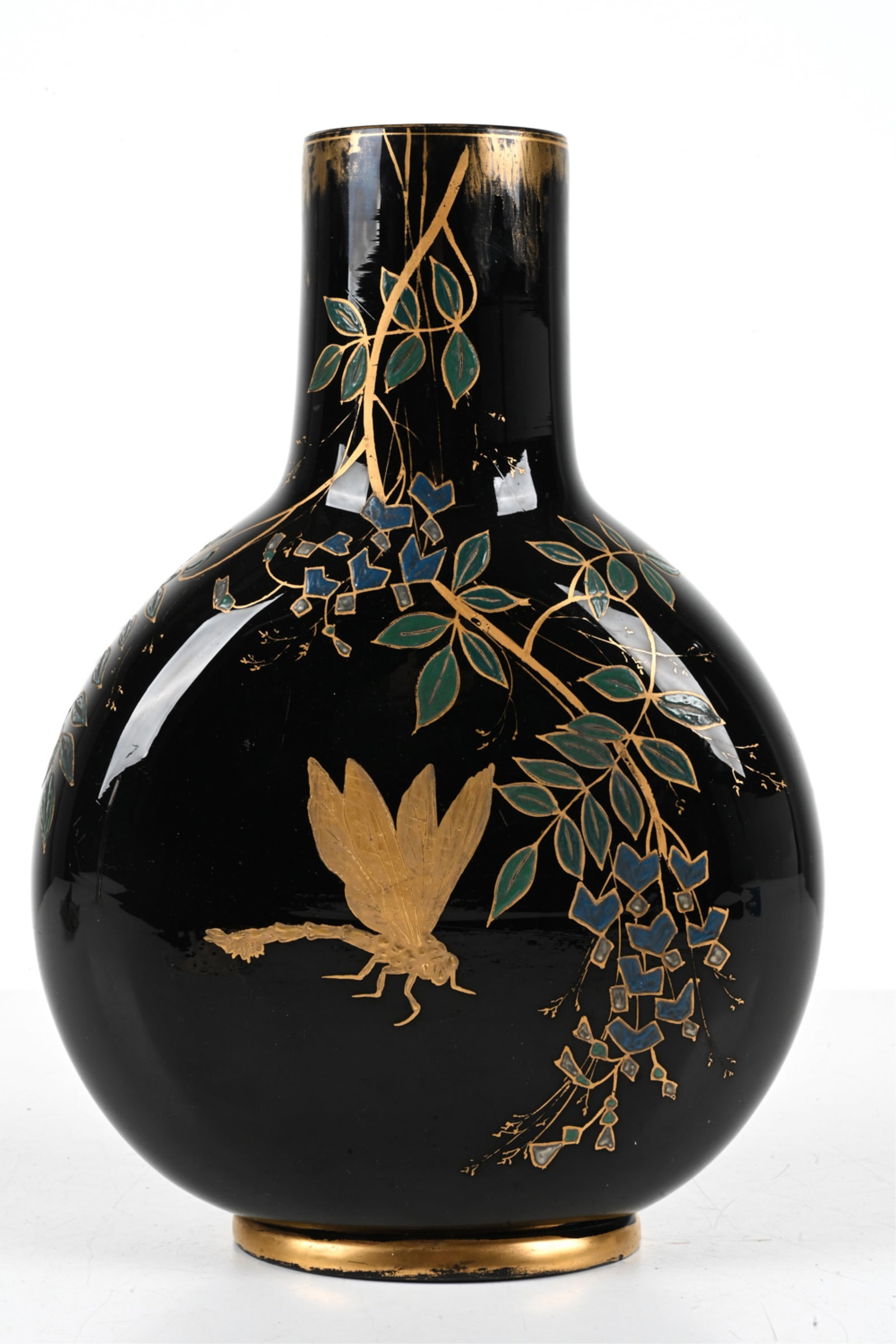 ART NOUVEAU JAPONISME ENAMELED BLACK GLASS VASE: Gilt and enameled black glass vase, with dragonfly and floral motif. Late 19th-Early 20th Century. Possibly produced by Val St. Lambert. Dimensions: H 13" x W 10" x D 4" Condition: Presents well overa