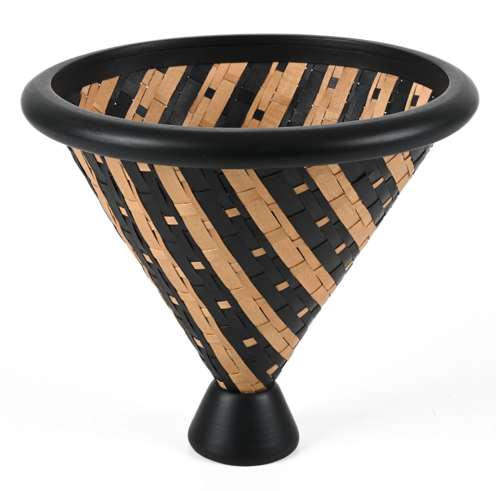 JOHN L. SKAU HAND-WOVEN VESSEL: Initialed and numbered 00.18.8 underneath, with artist's label giving title "Speckled Seismotic Stripes. Black + Nat." and original price $1,000.00. Dimensions: H 12" x Dia. 13" Condition: No issues t