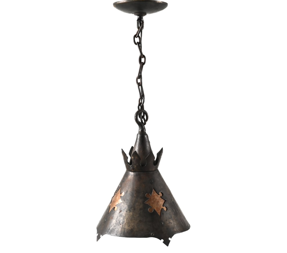 ARTS & CRAFTS PIERCED METAL & MICA PENDANT LIGHT: Dimensions: H 13" x Dia. 10" Condition: Presents very well overall. Showing signs of wear including spots of oxidation and modest patina to metal. Not tested.