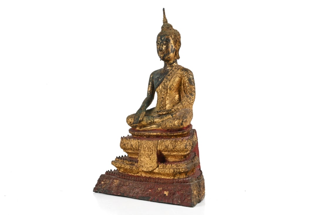 LATE 18TH C. THAI GILT BRONZE BUDDHA: Provenance: Collection of Mr. and Mrs. Eric Sloan, O. Rundle Gilbert Auctioneers, October 10-11, 1975. Lot 213. With auction catalog and invoice. Dimensions: H 15.25" x W 10.5" x D 7" Condition: Natur