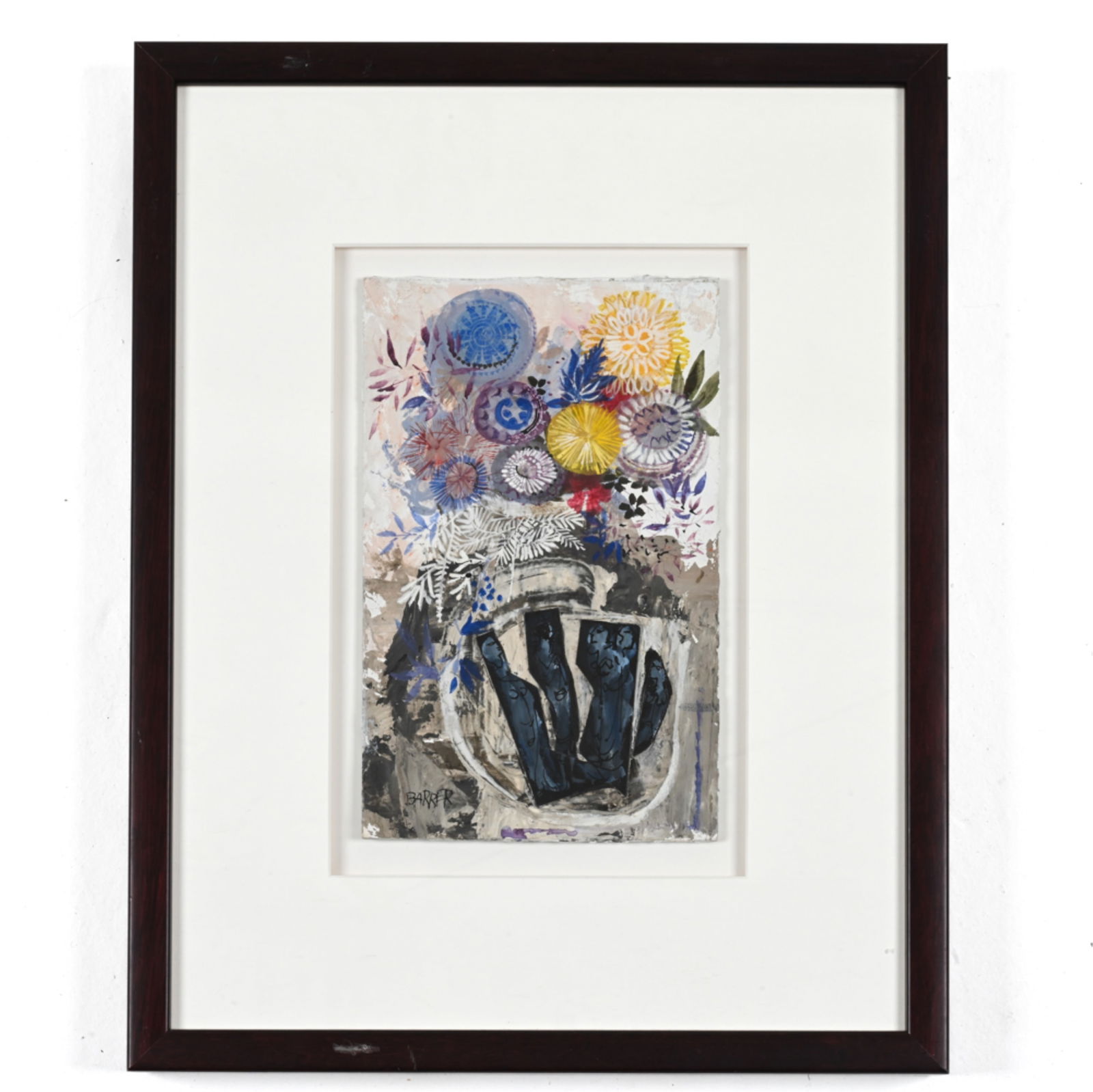 GERTRUDE BARRER-RUSSELL (1921-1992) MIXED MEDIA: Floral Still Life. Oil paint, collage, and pen & ink on paper, laid down on board. Provenance: The Silo Gallery. With original invoice, price list, and artist's information. Dimensions: (Frame) H 18.7