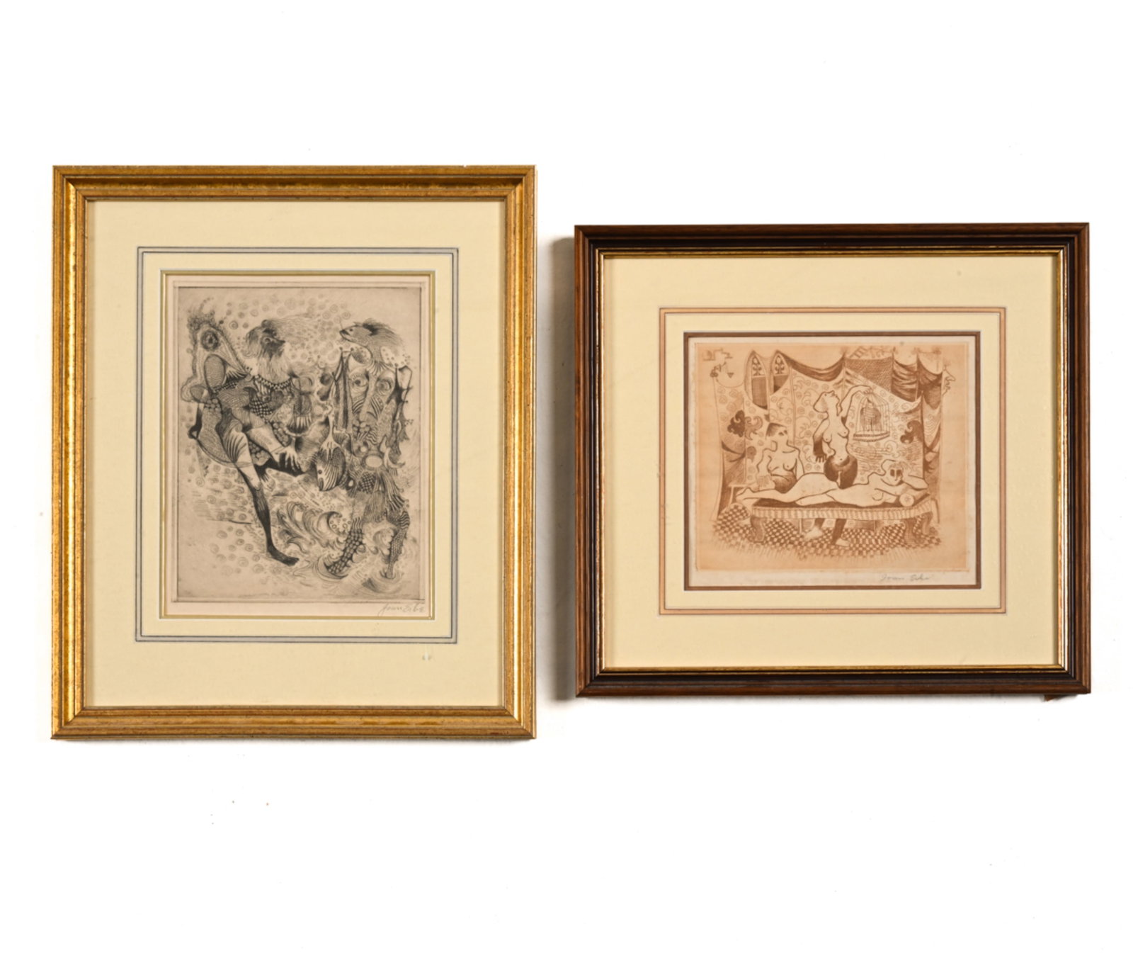 (2) JOAN ERBE (1926-2014) SIGNED ETCHINGS: Dimensions: (Larger frame) H 14.25" x W 12" ; (Sight) H 8.5" x W 6.75" Condition: Not examined out of frames. Both pieces present well. Minor foxing to sepia-tone print. A few rubs to frames.