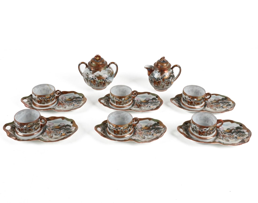 JAPANESE EGGSHELL PORCELAIN SNACK SERVICE: Includes: (6) plates, (6) cups, (1) covered pitcher, and (1) covered sugar bowl. Dimensions: (Plate) H 1" x W 8.5" x D 4.75" Condition: Repaired breaks to one teacup, a few rubs to decoration; service