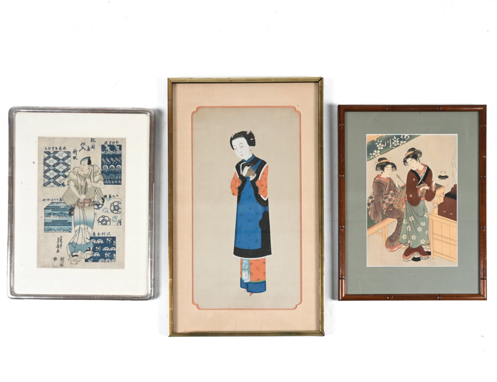 GROUPING OF JAPANESE & CHINESE DECORATIVE ART: Dimensions: (Largest frame) H 28" x W 16.75" Condition: Not examined out of frames. Grouping presents very well overall. Antique print with a few small holes along right edge, minor creasing and age t
