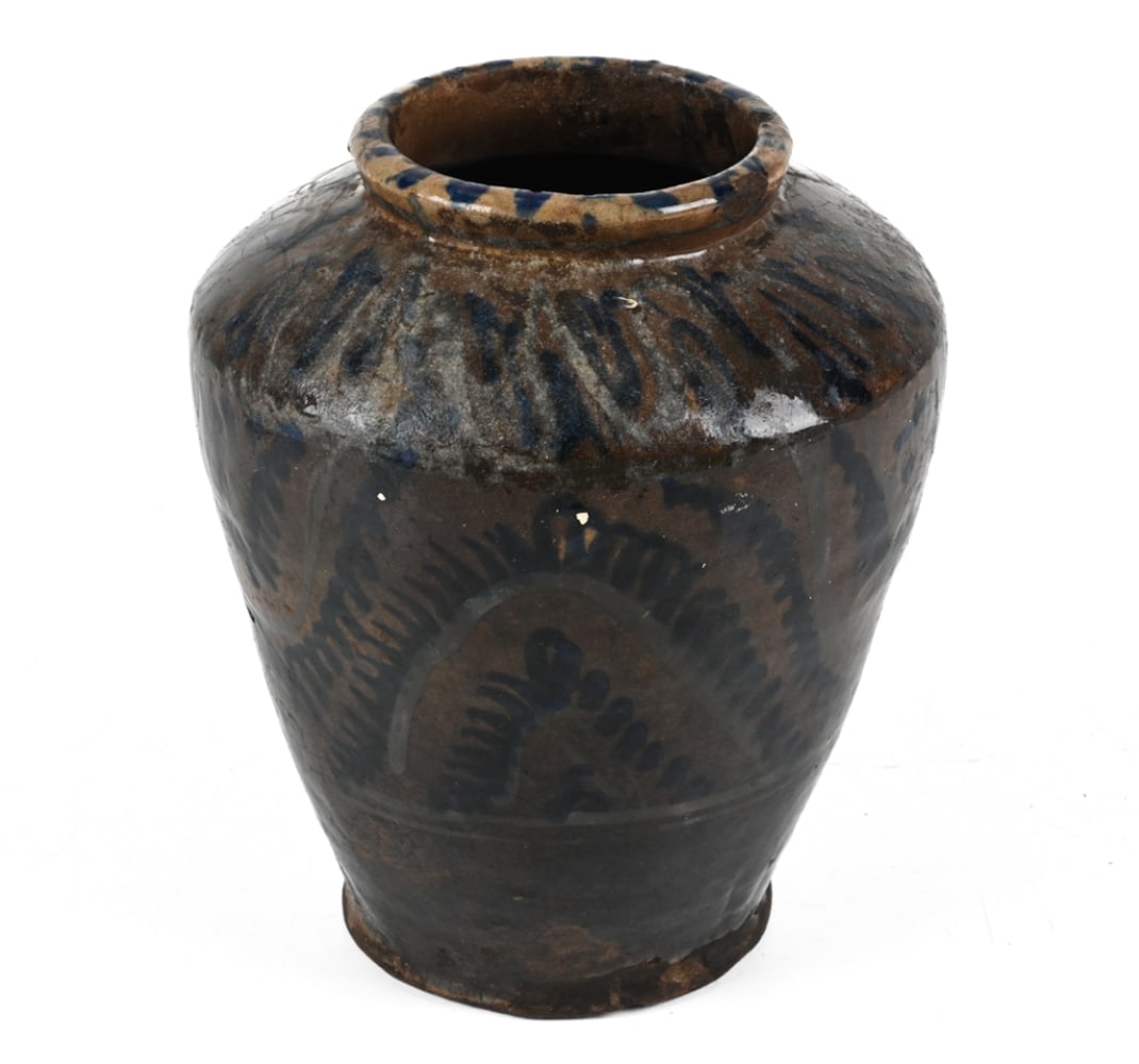 ANTIQUE PERSIAN OR ISLAMIC POTTERY VASE: Apparently unsigned. Dimensions: H 9" x Dia. 8" Condition: One chip to rim; natural crazing, a few small nicks and misses to glaze.