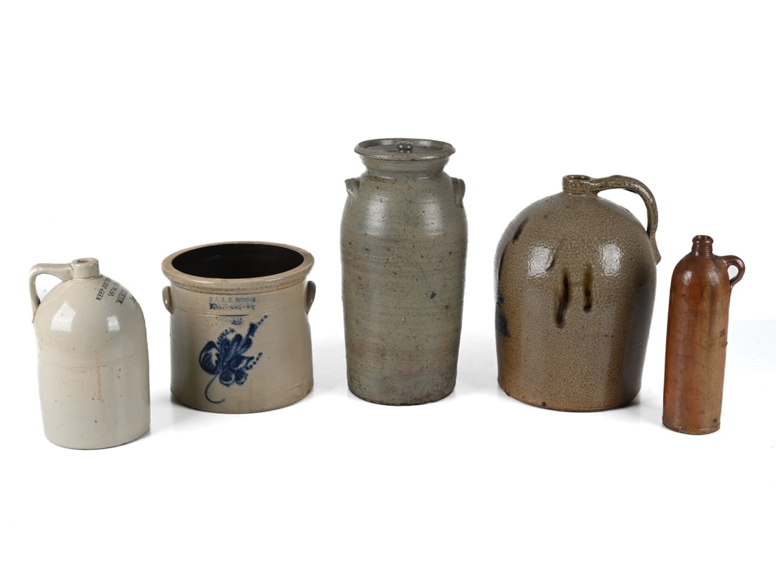 GROUPING OF RUSTIC & ANTIQUE STONEWARE: Dimensions: (Tallest, churn) H 17" x Dia. 9" Condition: Grouping presents very well overall. Natural crazing, a few small nicks and chips.