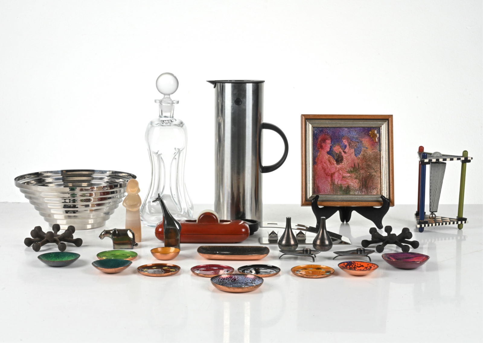 MID-CENTURY & POSTMODERN DECORATIVE GROUPING: Includes: Holmegaard "Cluck-Cluck" decanter in clear blown glass, a magnetic kinetic sculpture, Erik Magnussen for Stelton thermo carafe, stainless steel bowl by Sean Falconieri for Alessi, an origina
