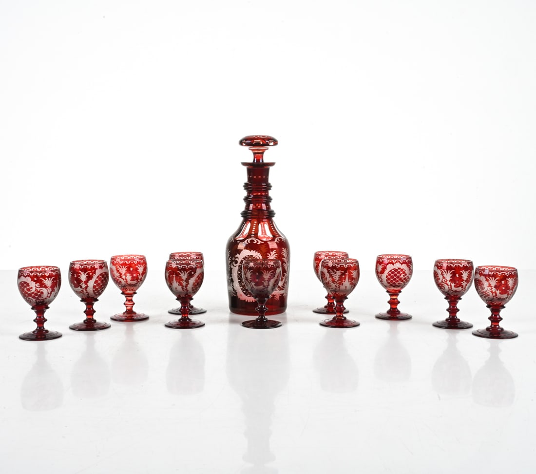 CRANBERRY CUT TO CLEAR GLASS DECANTER & CORDIALS (1 of 14)