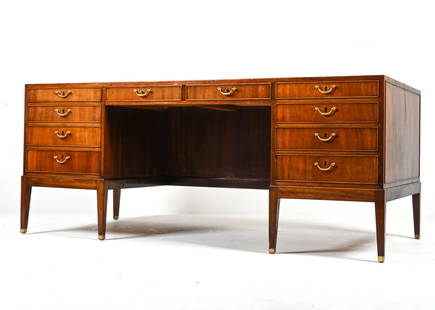 FRITS HENNINGSEN MAHOGANY EXECUTIVE DESK: Key included. Dimensions: H 29.75" x W 70.75" x D 35.5" Condition: Presents very well overall. Stress crack to one leg. Top refinished, some uneven stain application to edges. Minor sun fading to