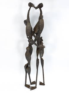 LIFESIZE BRUTALIST WELDED IRON FIGURAL SCULPTURE: Tall surrealist abstracted human figure or avian creature metal sculpture. Apparently unsigned. Dimensions: H 84" x W 18" x D 17" Condition: Minor surface wear and rust consistent with age and use.