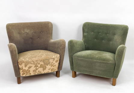 (2) FRITZ HANSEN 1669 LOUNGE CHAIRS C.1940: Pair Fritz Hansen lounge chairs model 1669. Beech, upholstery. Denmark, c. 1940s. With curved corner rectangular front feet and saber sloped back legs. Dimensions: H 30" x W 31.5" x D 29" x SH 15"