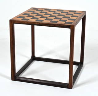 KAI KRISTIANSEN ROSEWOOD CHESSBOARD END TABLE: Danish Modern cube-style games table in rosewood, designed by Kai Kristiansen, c. 1960's. Dimensions: H 17.5" x D17.5" Condition: Chess board appears to have been painted over. Sun fading throughout;