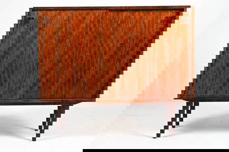 DANISH ROSEWOOD CREDENZA BY BROUER, C. 1960'S: Petite sideboard or media cabinet in luxurious rosewood, produced by Brouer Mobelfabrik, c. 1960's. Dimensions: H 35" x W 39.5" x D 16.5" Condition: Showing wear consistent with age and light use. H17