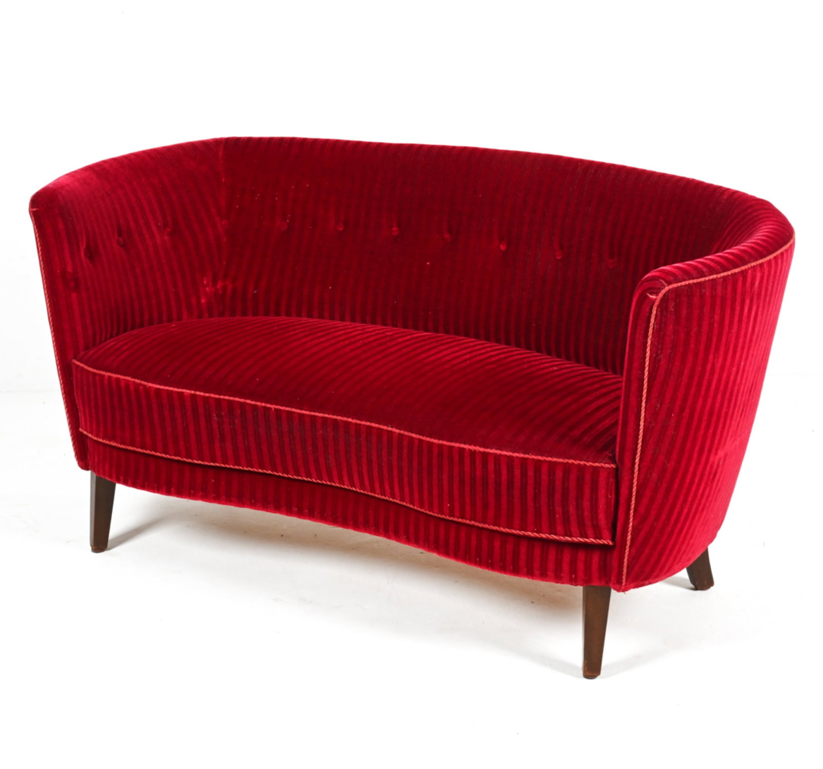 DANISH STRIPED MOHAIR BANANA COCKTAIL SOFA: Tufted banana sofa in rich burgundy cut mohair velvet, with solid wood legs finished in dark stained beech wood. Dimensions: H 29.5" x W 59" x D 30" x SH 15.75" Condition: Presents well overall. A few