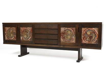 DANISH OX ART CERAMIC TILE-INSET OAK SIDEBOARD: One-of-a-kind Danish Modern sideboard in espresso stained oak, inset with an abstract mosaic of hand-crafted ceramic tiles. Produced by Skovby and Ox Art; one tile signed "Ox Art" and dated '78.