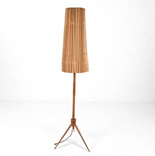 MANNER OF SEVERIN HANSEN BEECH TRIPOD FLOOR LAMP: Dimensions: (With shade) H 62.5" x Dia. 16" Condition: Cord cut; will require rewiring. A few scuffs and water spots to stem and legs; damage to shade. H192