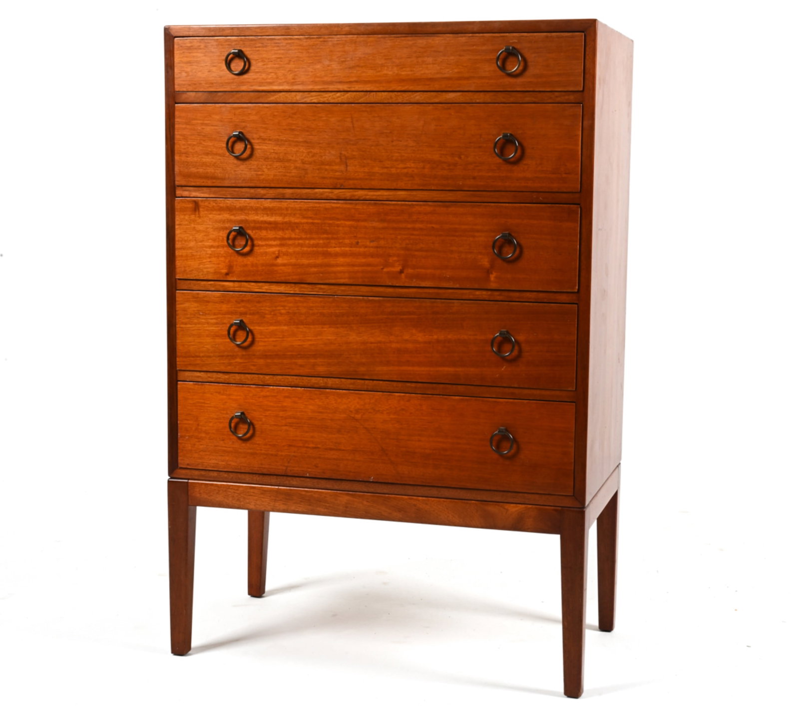 DANISH MID-CENTURY TEAK CHEST: Dimensions: H 41.25" x W 27.75" x D 16" Condition: Presents well overall; natural surface wear consistent with age and use. Minor sun fading, a couple faint water spots, dings and gouges to top. A few