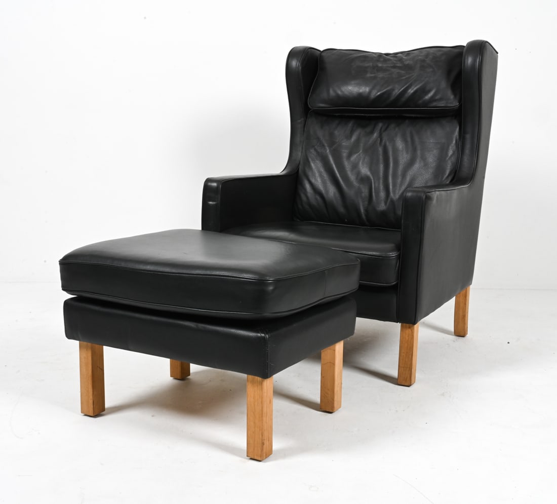 BORGE MOGENSEN-STYLE LEATHER WING CHAIR & OTTOMAN (1 of 16)