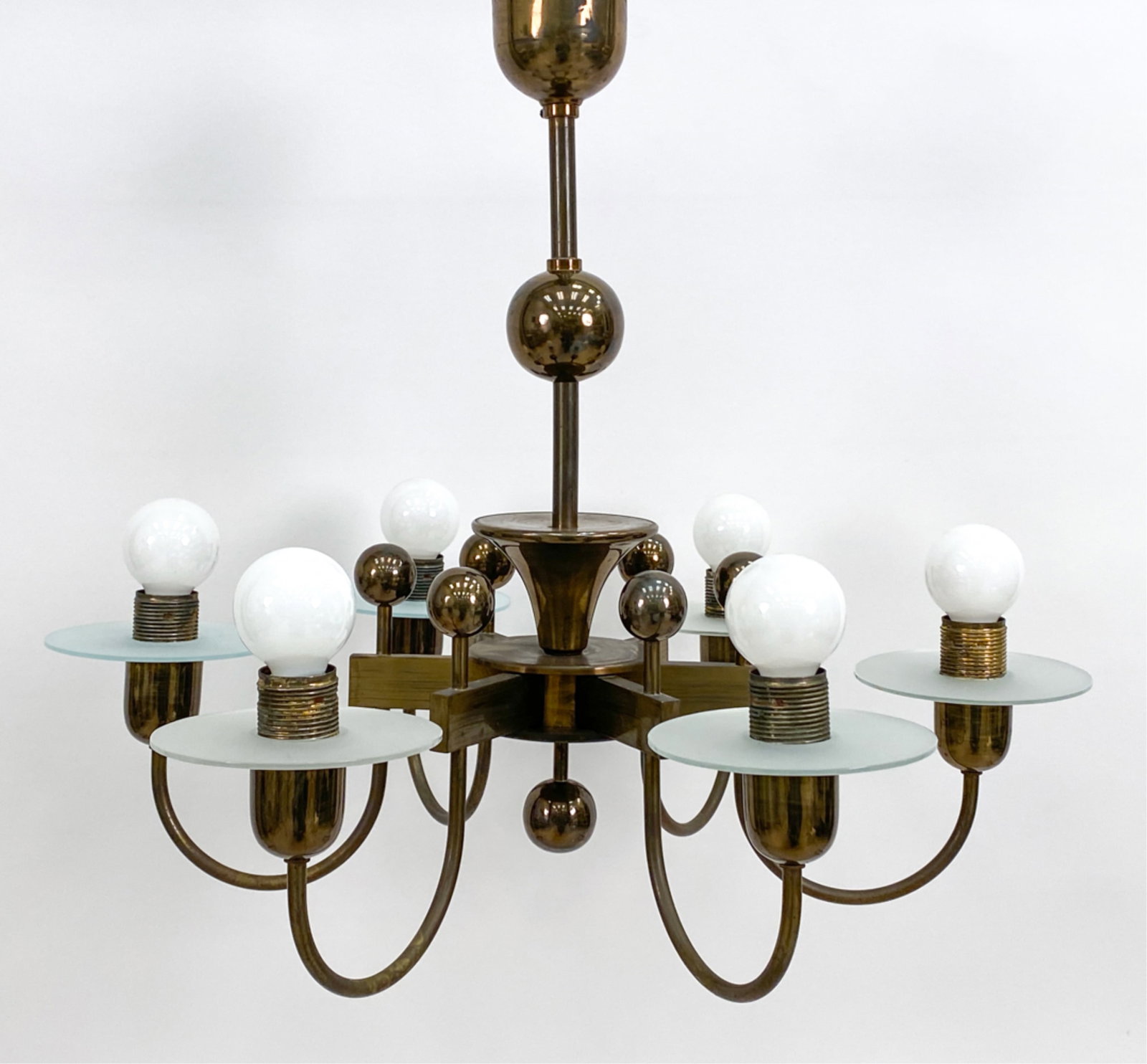 MID-CENTURY BRASS DECO MODERN CHANDELIER: Metal & frosted glass. Apparently unmarked. Dimensions: H 22.5" x Dia. 25" Condition: Minor surface wear, scratches and tarnish consistent with age and use. Untested.