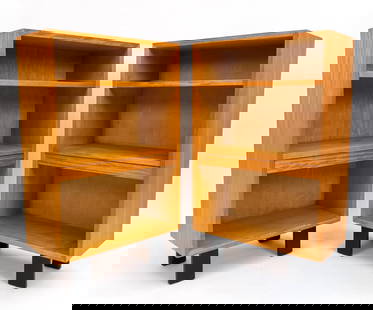 PAIR GEORGE NELSON HERMAN MILLER BOOKCASES: (2) Mid-Century 'Basic Cabinet' Series bookcases/display cases by George Nelson for Herman Miller. Features pull-out shelf. Dimensions: H 40" x W 24" x D 12" Condition: Surface wear, scuffs, dings, ma