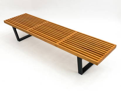 GEORGE NELSON MID-CENTURY STYLE SLAT BENCH: Vintage slat bench in the manner of George Nelson for Herman Miller. Apparently unmarked. Dimensions: H 13.75" x W 71" x D 18.5" Condition: Minor surface wear, scuffs, marks, scratches and dents