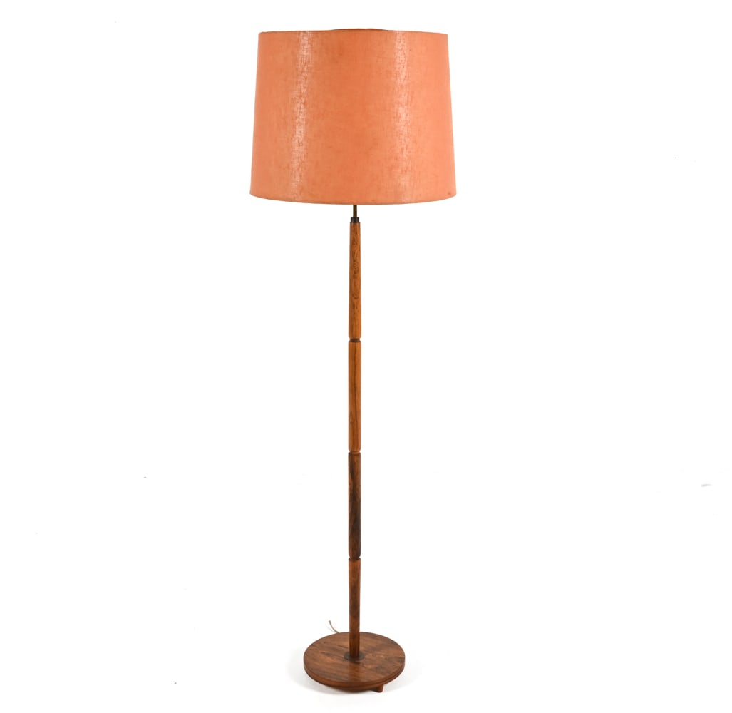 DANISH ROSEWOOD FLOOR LAMP C. 1970S: Dimensions: (With shade) H 59" x Dia. 18" Condition: Minor sun fading, a few small scuffs to wood; light patina to brass. Shade with a few spots of soiling, some warping to diffuser top. H187