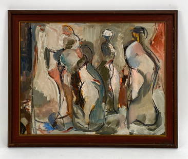 MID-CENTURY ABSTRACT FIGURES CANVAS BOARD: Serious of abstracted elongated figures. Apparently unsigned. Dimensions: (Frame) H 16.5" x W 21.5" (Painting) H 14" x W 18" Condition: Unvarnished, faintly dirty. Frame with moldy surface. Aged surfa