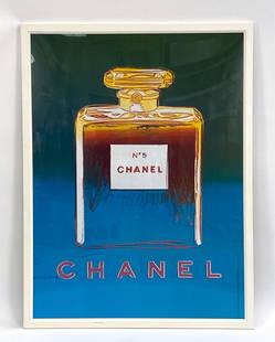 ANDY WARHOL CHANEL NO. 5 ADVERTISING PRINT: Publication line, 1997. With Andy Warhol 1987 copyright. Commercial printing. Oversized dimensions. Dimensions: (Frame) H 67.5" x W 50.5" Condition: Light rippling in the frame. Frame with a couple sm