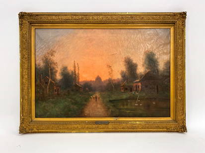 NILS HANS CHRISTIANSEN, R.A.C. DANISH (1850-1922): Oil on canvas; farm scene. Signed N.H. Christiansen R.A.C. lower left, with artist's name plate on frame. Dimensions: (Frame) H 26.5" x W 36.5" ; (Painting) H 20.25" x W 30.25" Condition: Three slashe