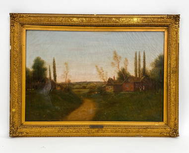 NILS HANS CHRISTIANSEN, R.A.C. DANISH (1850-1922): Oil on canvas; farm scene. Signed N.H. Christiansen R.A.C. lower left, with artist's name plate on frame. Dimensions: (Frame) H 26.5" x W 36.5" ; (Painting) H 20.25" x W 30.25" Condition: For