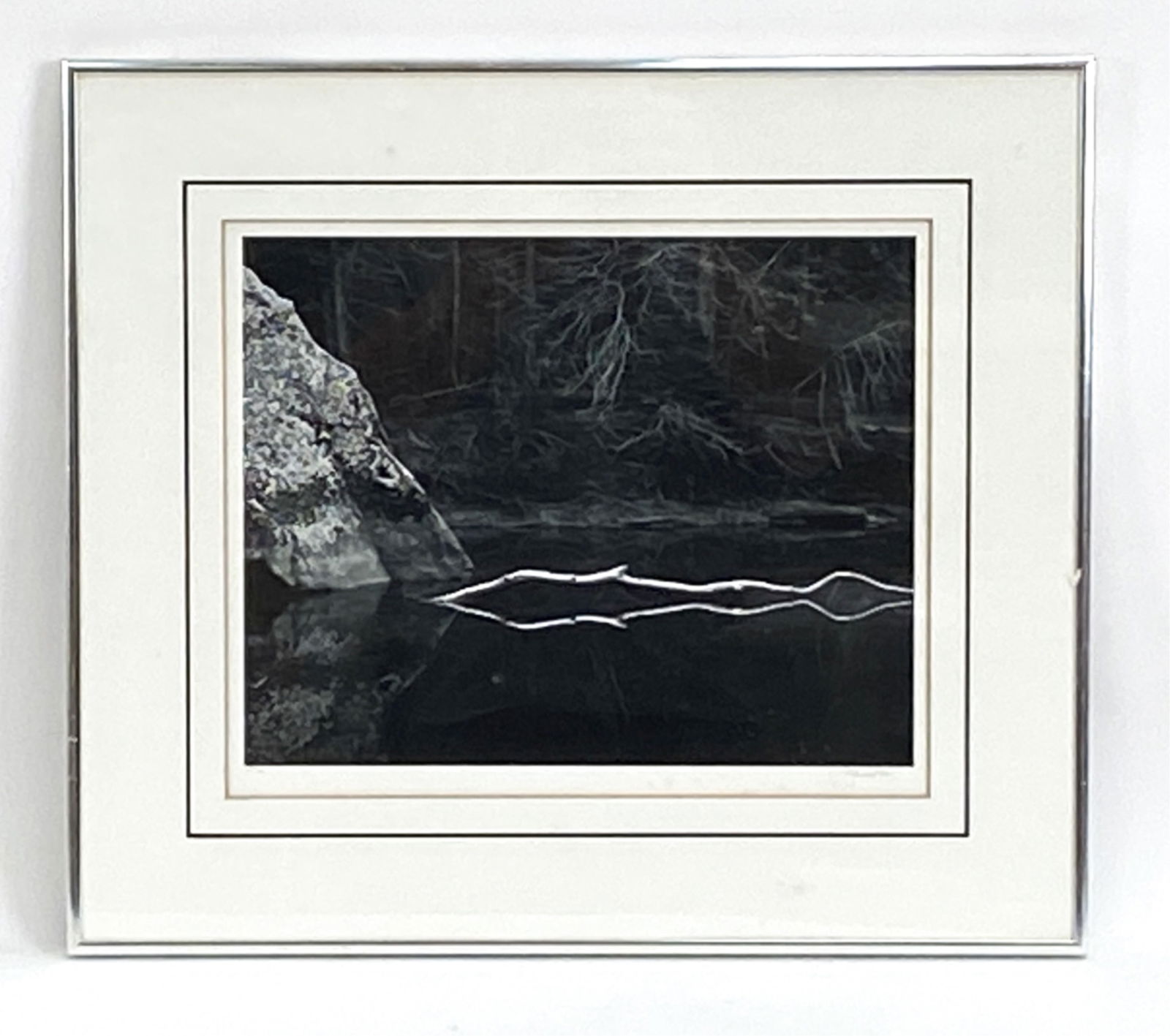 JOHN SEXTON (B. 1953) BLACK & WHITE PHOTOGRAPH: Yosemite Valley. Signed, dated 1974. Titled "The White Branch, Merced River, Yosemite Valley, California." Dimensions: (Frame) H 17.5" x W 20", (Photo) H 11" x W 13" Condition: Acid burn to edge of ma