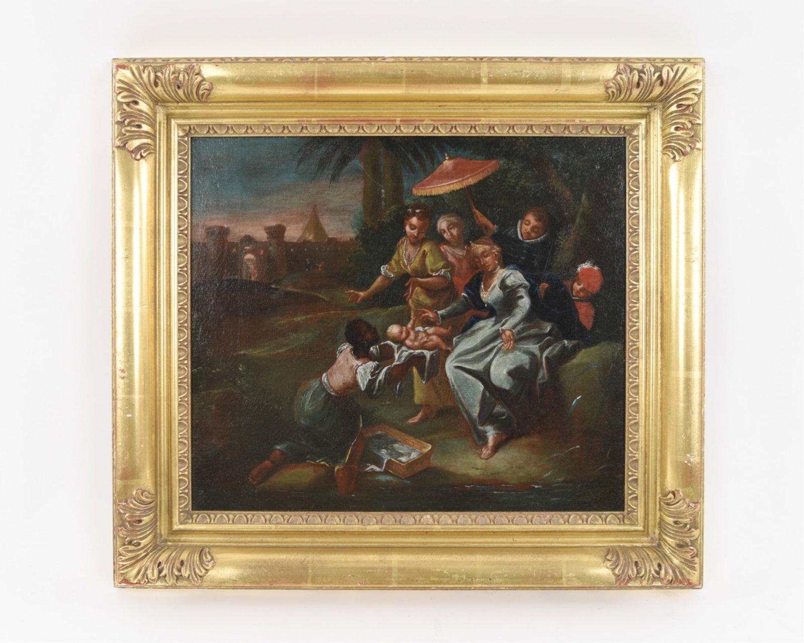 CIRCLE OF GUILLERMO MESQUIDA, SPANISH (1675-1747): The Finding of Moses. Dimensions: (Frame) H 20.5" x W 23", (Canvas) H 15" x W 17.25" Condition: Lined, restored, new stretcher. Some rubbing to frame.
